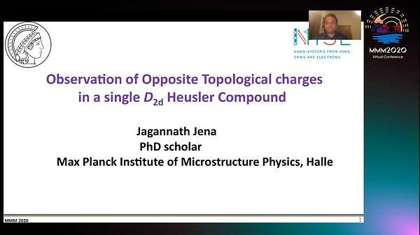 Observation of opposite topological charges in single D2d Heusler compound