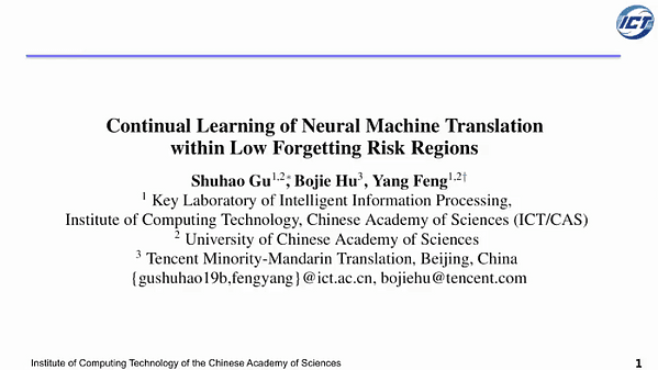 Continual Learning of Neural Machine Translation within Low Forgetting Risk Regions